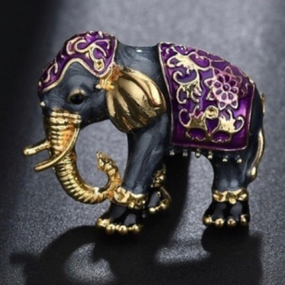 Elephant Brooch New Black with Purple and Gold